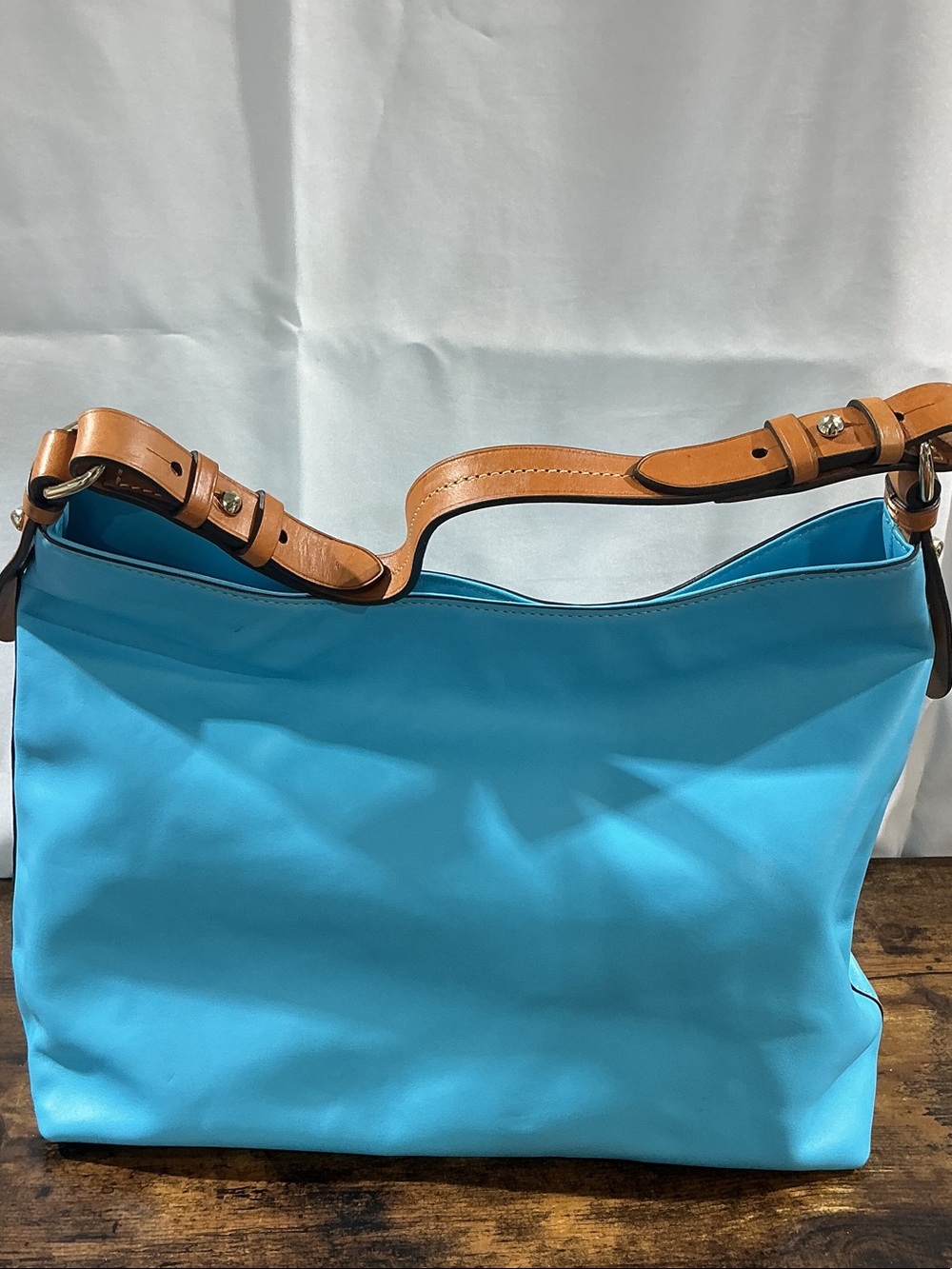 Dooney & Bourke Turquoise Nylon Shoulder Bag with Tan Leather Accents - Picture 7 of 16